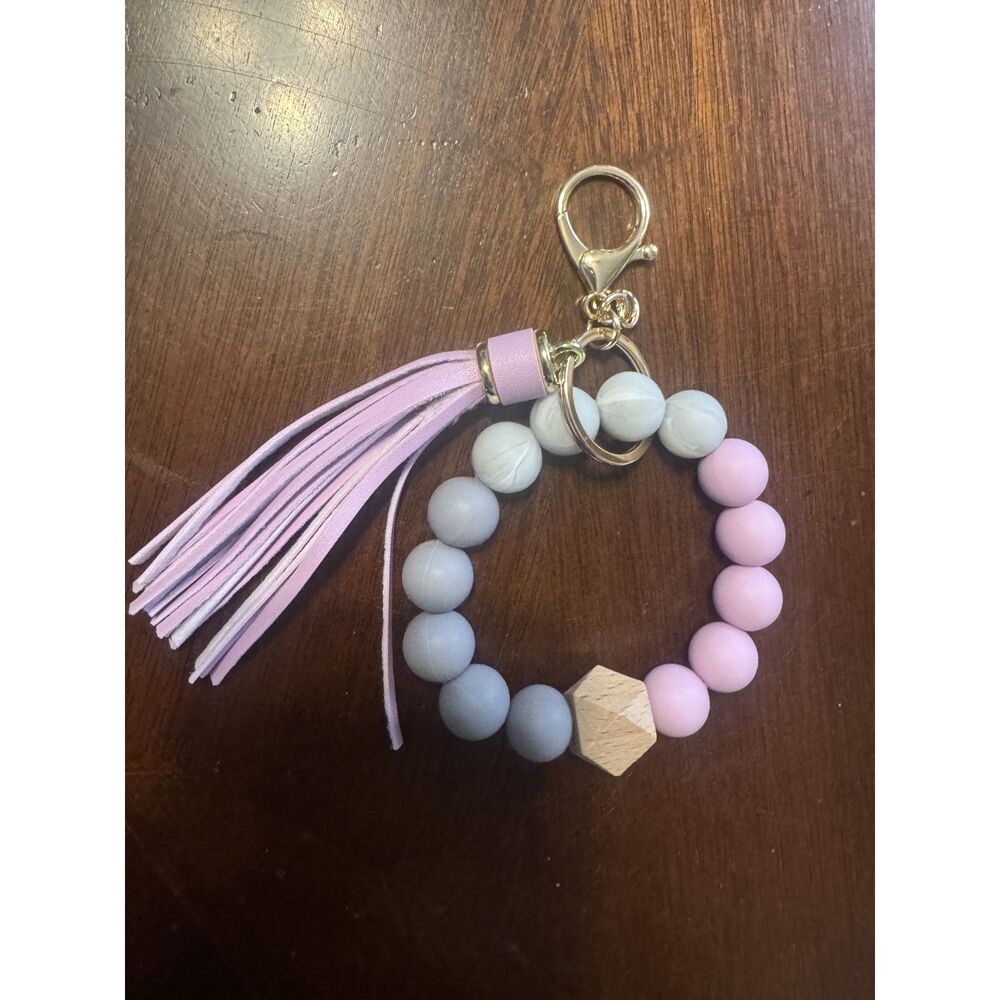 Handmade Elastic Bangle Bracelet Wristlet Keychain Pink and Gray NEW